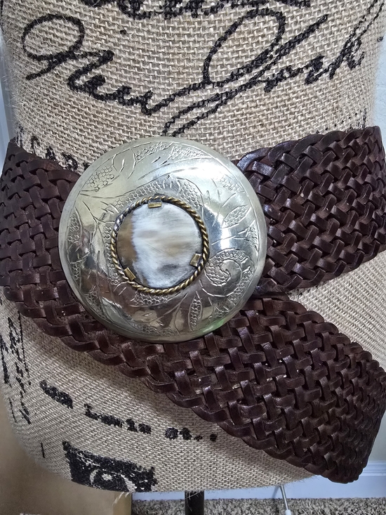 ?LAST ONE?Woven Brown Leather Belt with Silver Concho main image 4